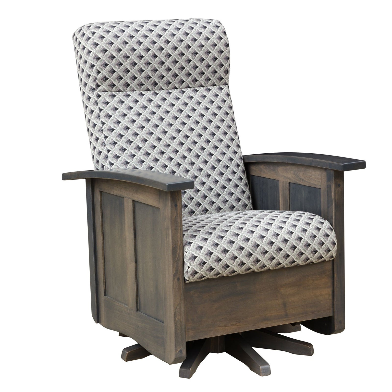 Gray stained Shaker swivel glider with cream diamond quilted cushions and paneled sides beside a lamp table