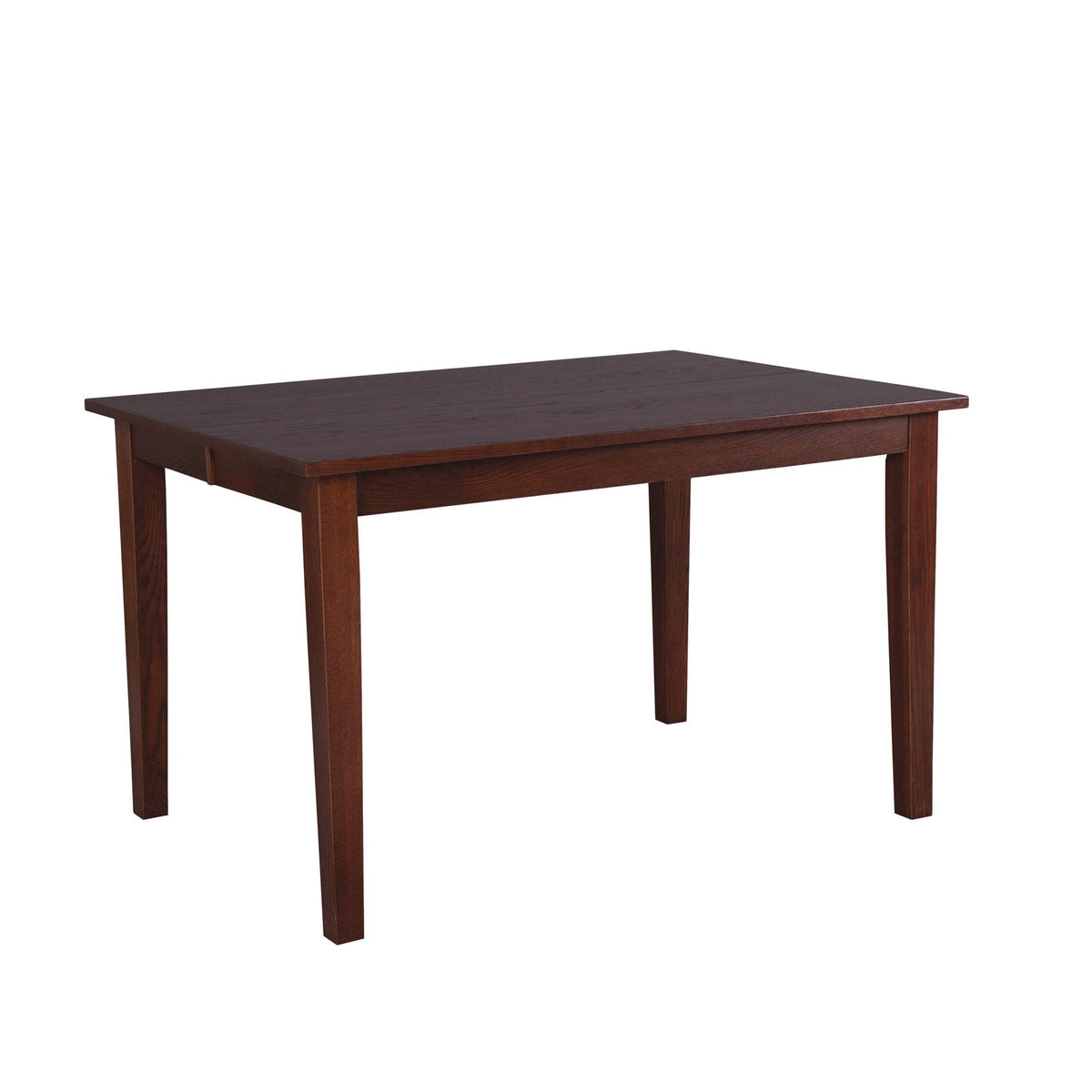Counter height gathering table in a dark cherry finish with a smooth rectangular top and tapered legs on a white background