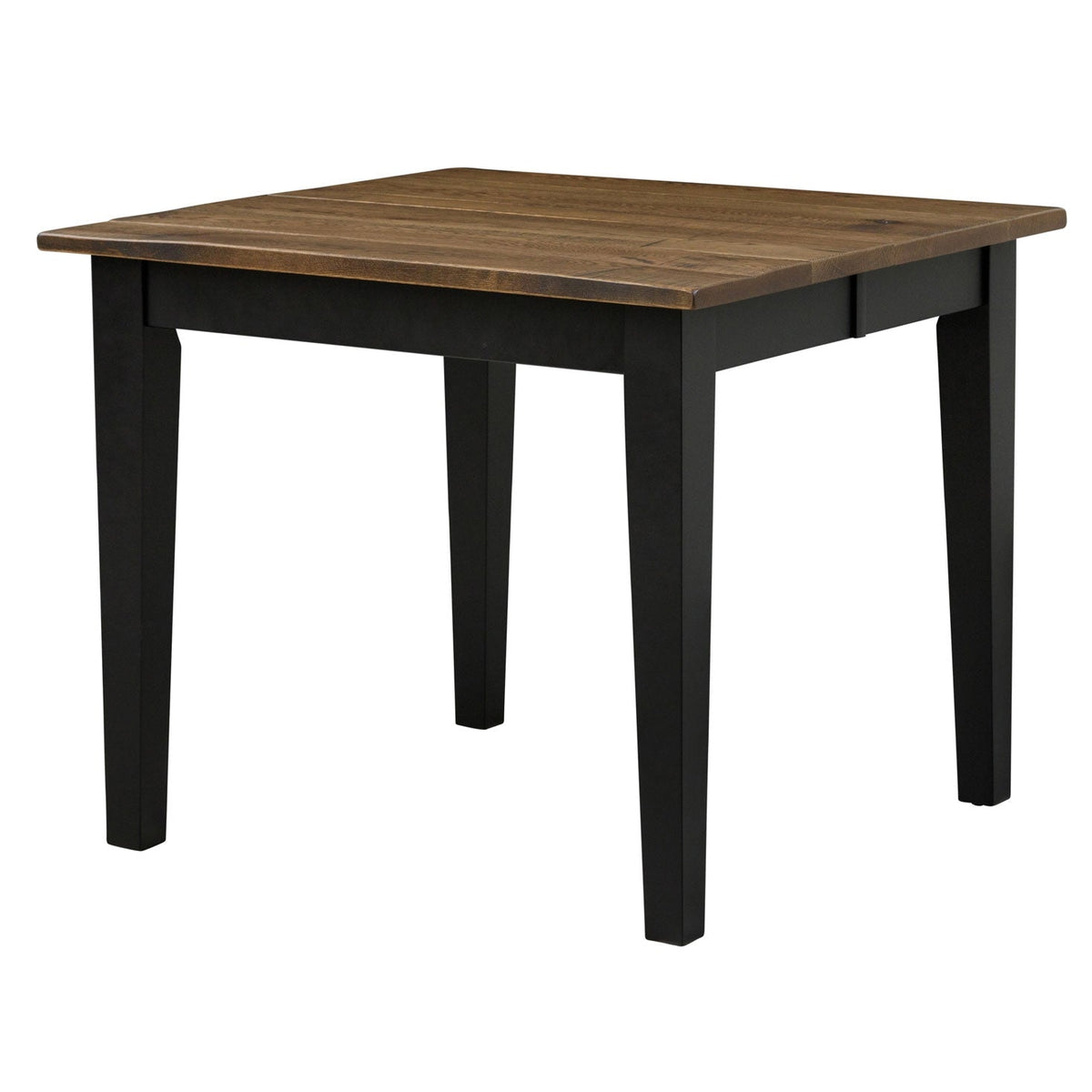 Small square dining table with a rustic brown wood top over a black painted base with tapered legs on a white background
