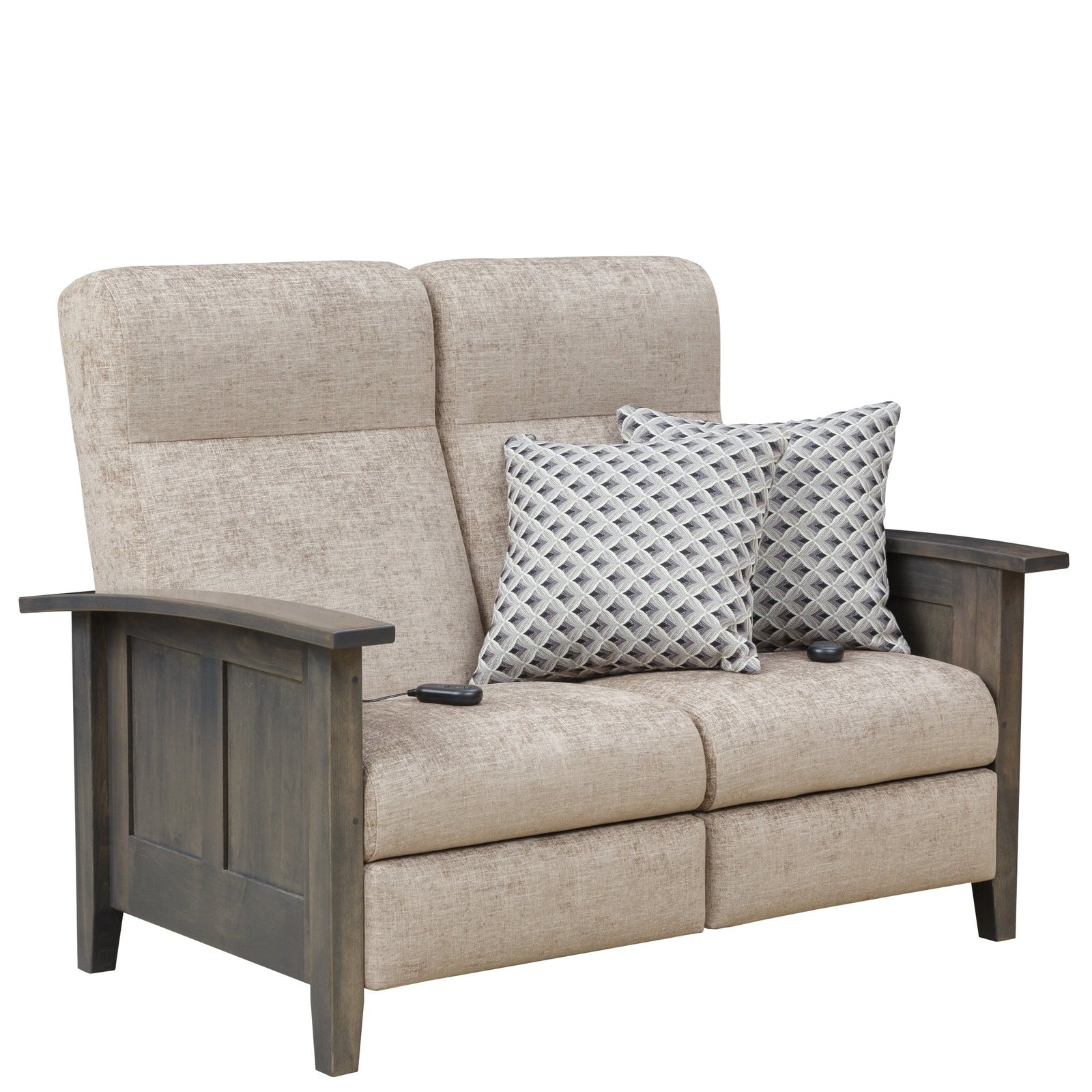 Gray stained Shaker recliner loveseat in cream chenille with a lattice pillow, paneled arm and lamp table behind