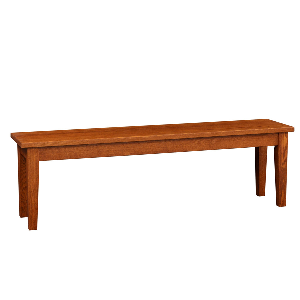 Quartersawn oak dining bench in a medium chestnut finish with a flat plank seat and square tapered legs on a white background