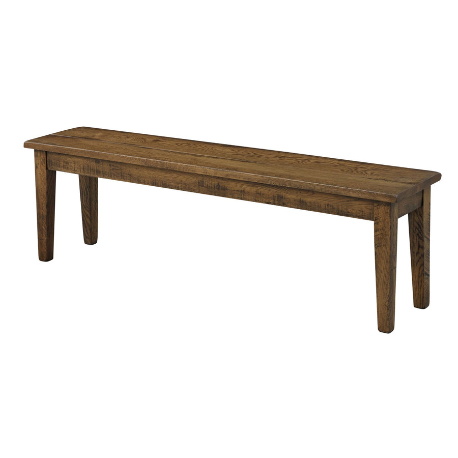 Distressed oak dining room bench with a wide plank seat, simple apron and square tapered legs on a white background