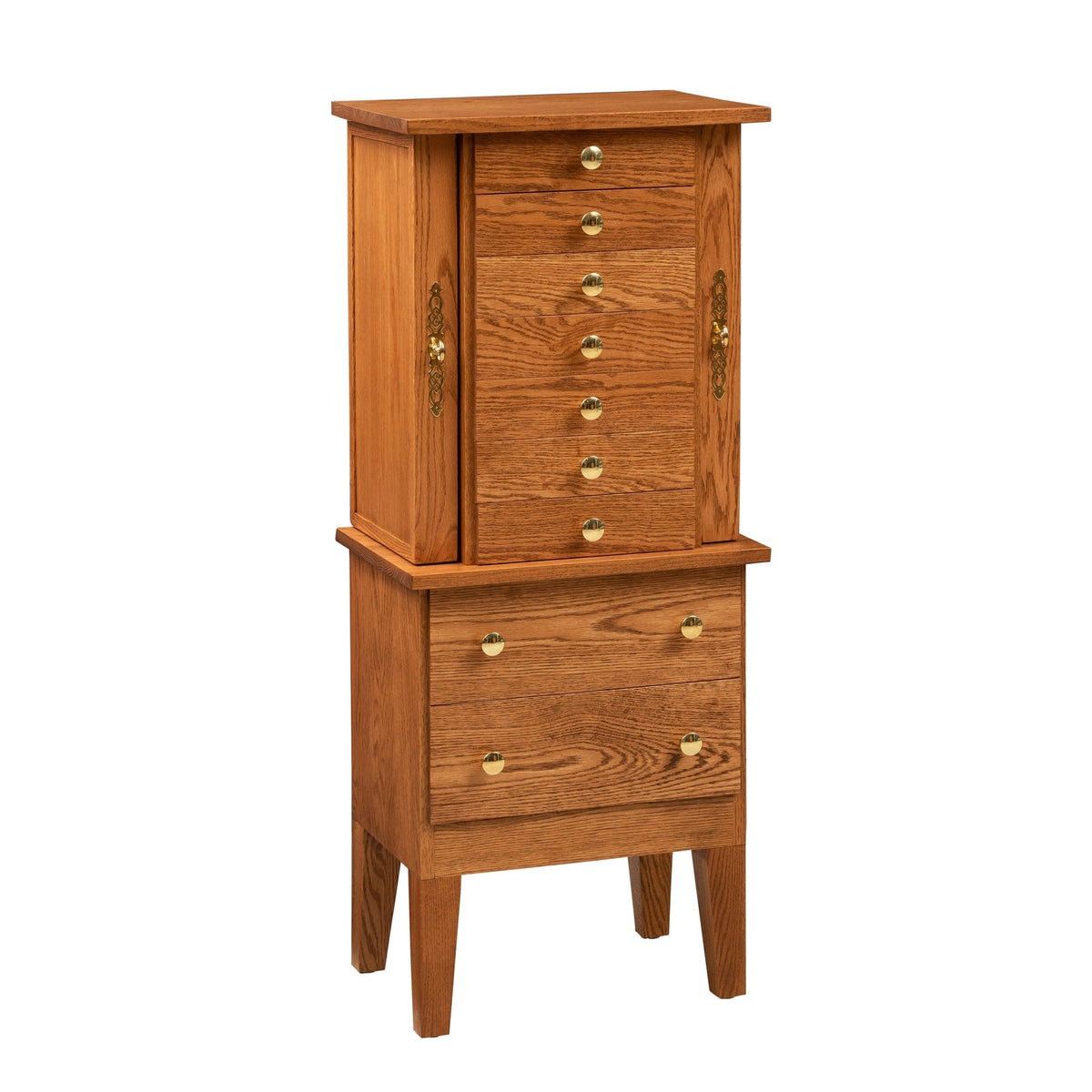 Oak jewelry armoire with seven drawers, brass knobs, swing out side doors and tapered legs over two drawers