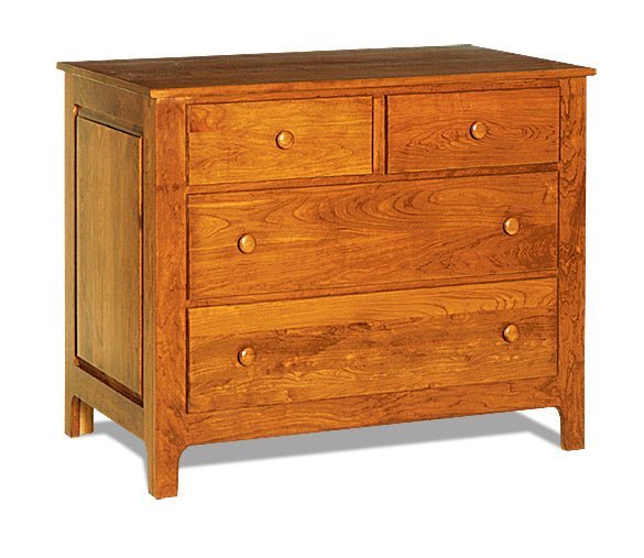 Four drawer cherry dresser with paneled sides, wood knobs and a shaped Shaker base on white