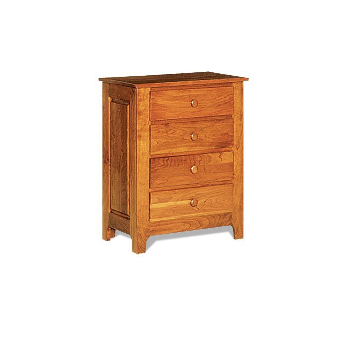 Cherry four drawer bedside chest beside a pencil post bed with wedding ring quilt in a colonial room
