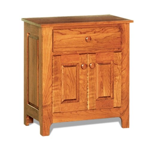 Cherry nightstand with a top drawer above twin panel doors, shown on a white background