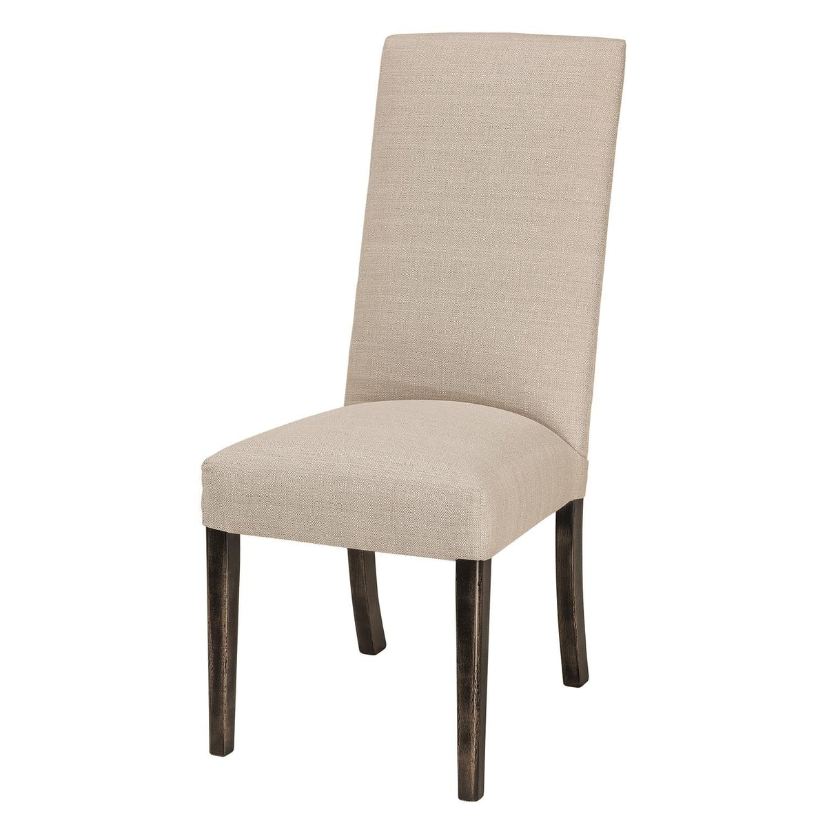 Tall back parsons dining chair upholstered in oatmeal linen with slim dark stained tapered legs on a white background