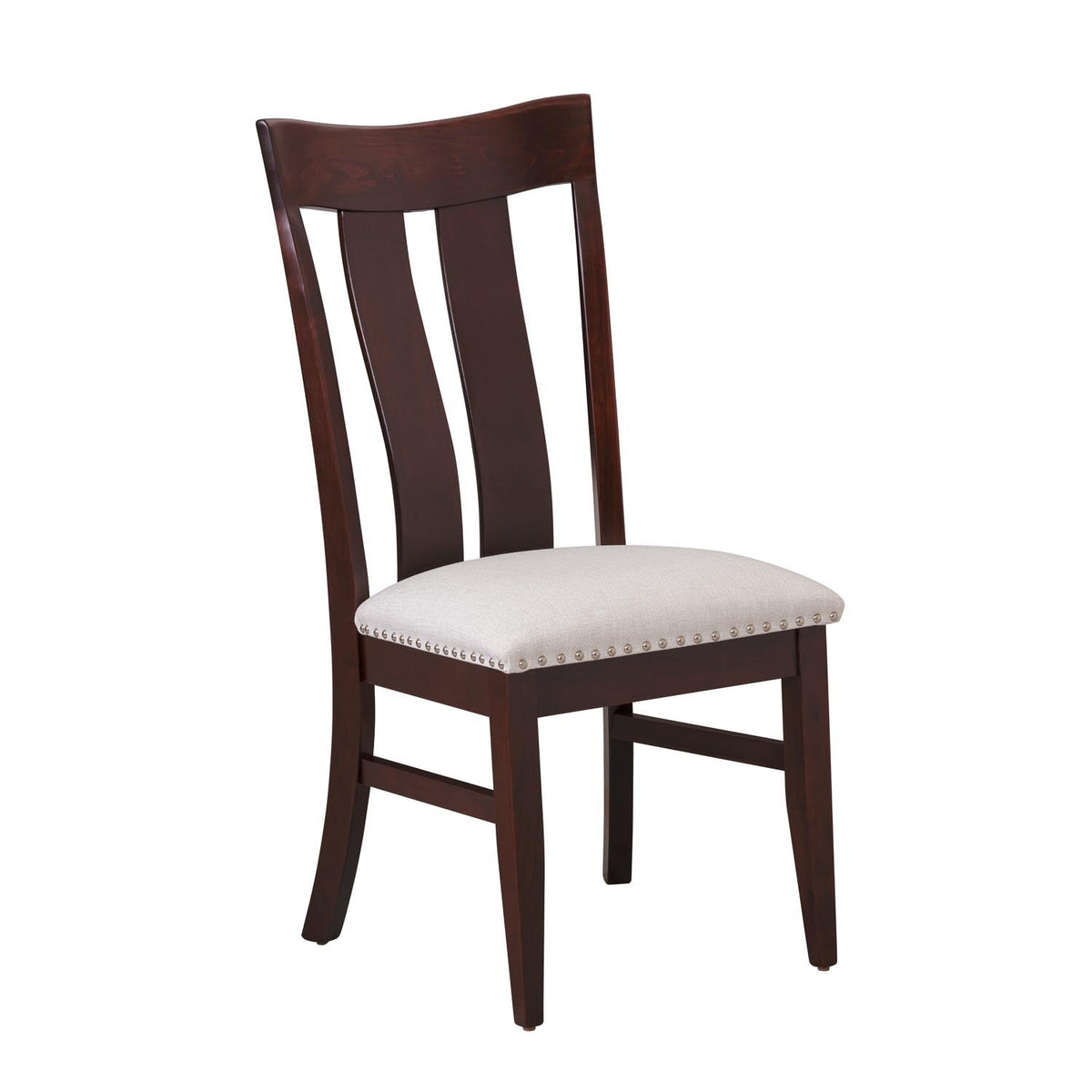 Espresso stained lumbar dining chair with two shaped back slats and a linen seat cushion with nailhead trim on white