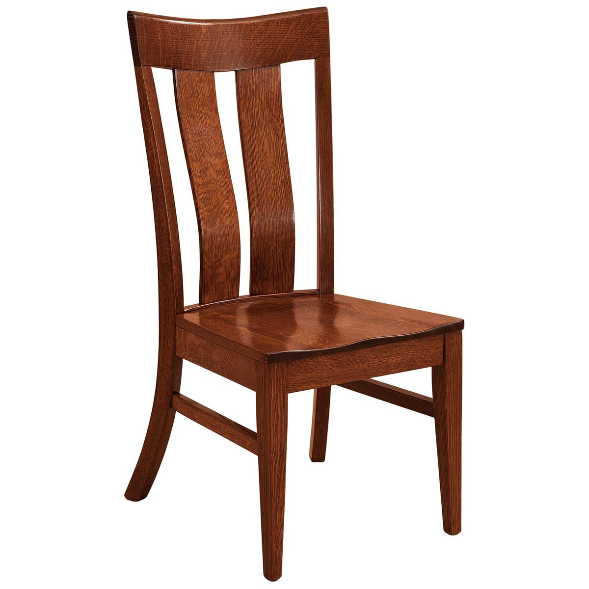 Rich brown quartersawn oak dining chair with a curved back, two wide slats and a contoured wood seat on a white background
