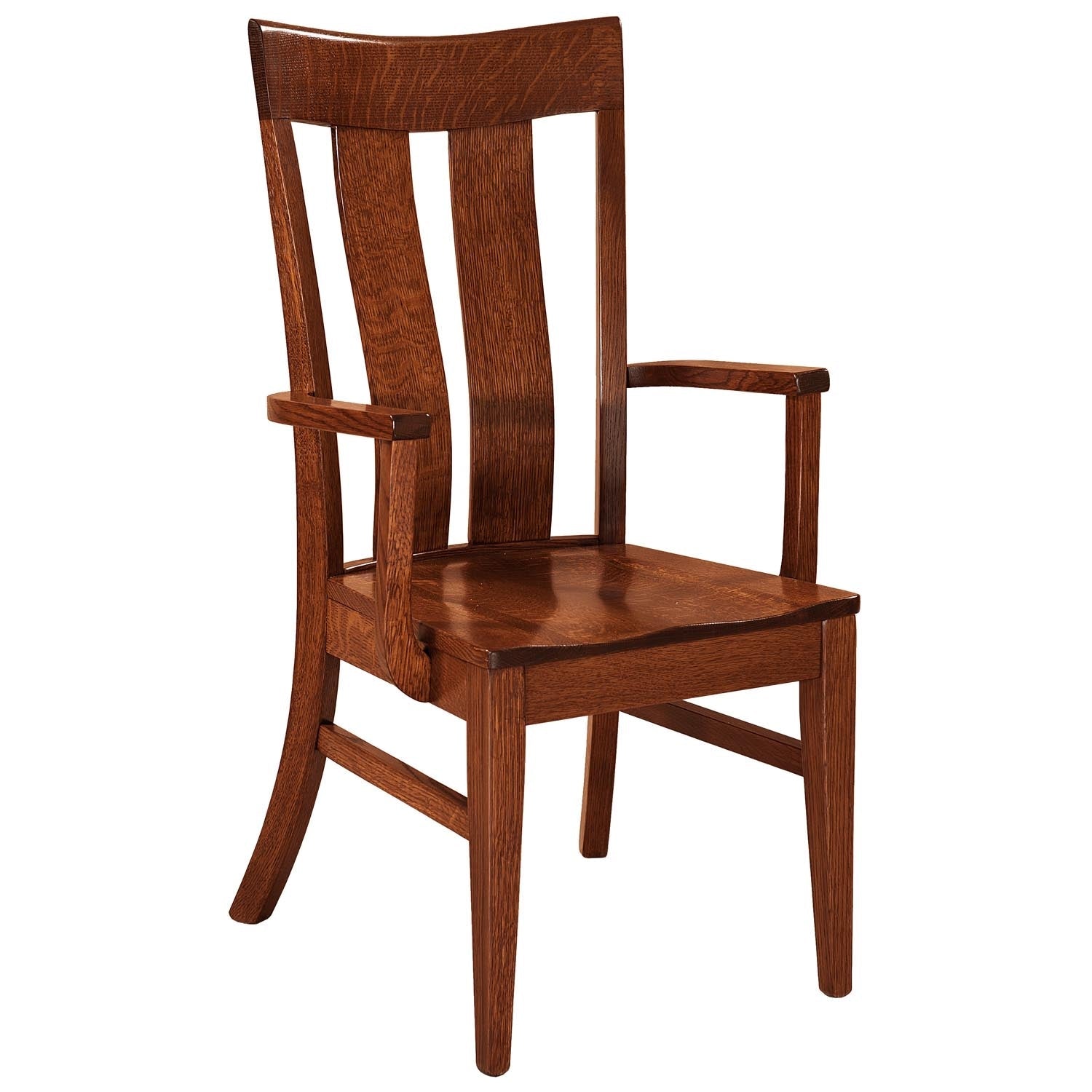 Oak lumbar dining chair with a shaped crest rail, two curved back slats and a solid saddle seat, photographed against gray