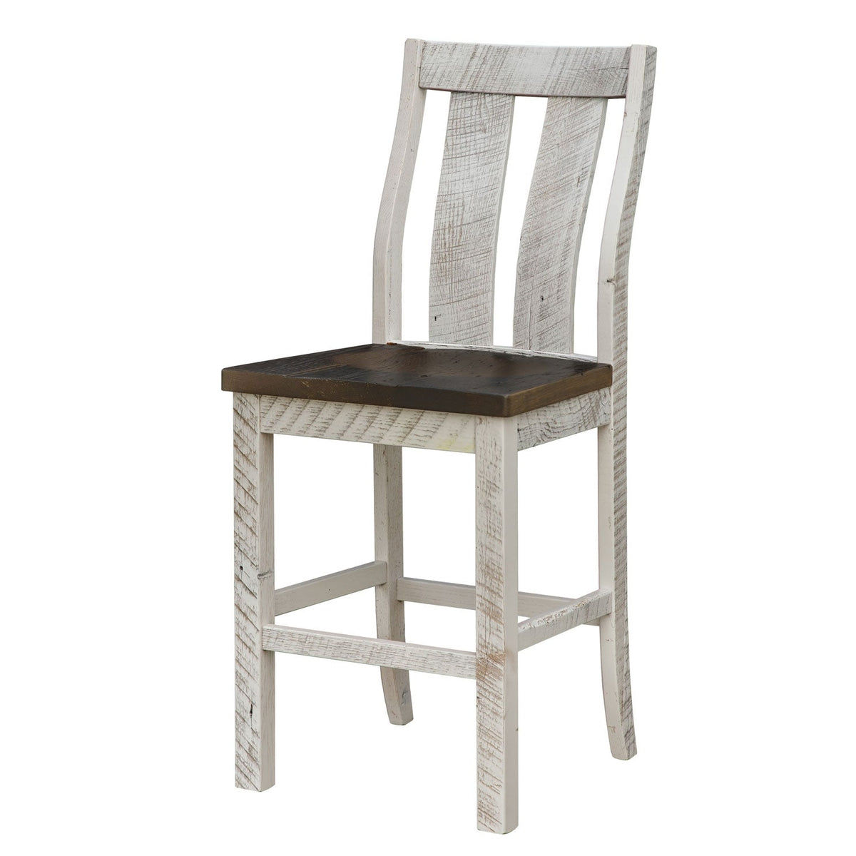 Counter height bar stool with a distressed white slat back and legs, dark brown scooped wood seat and full foot rails