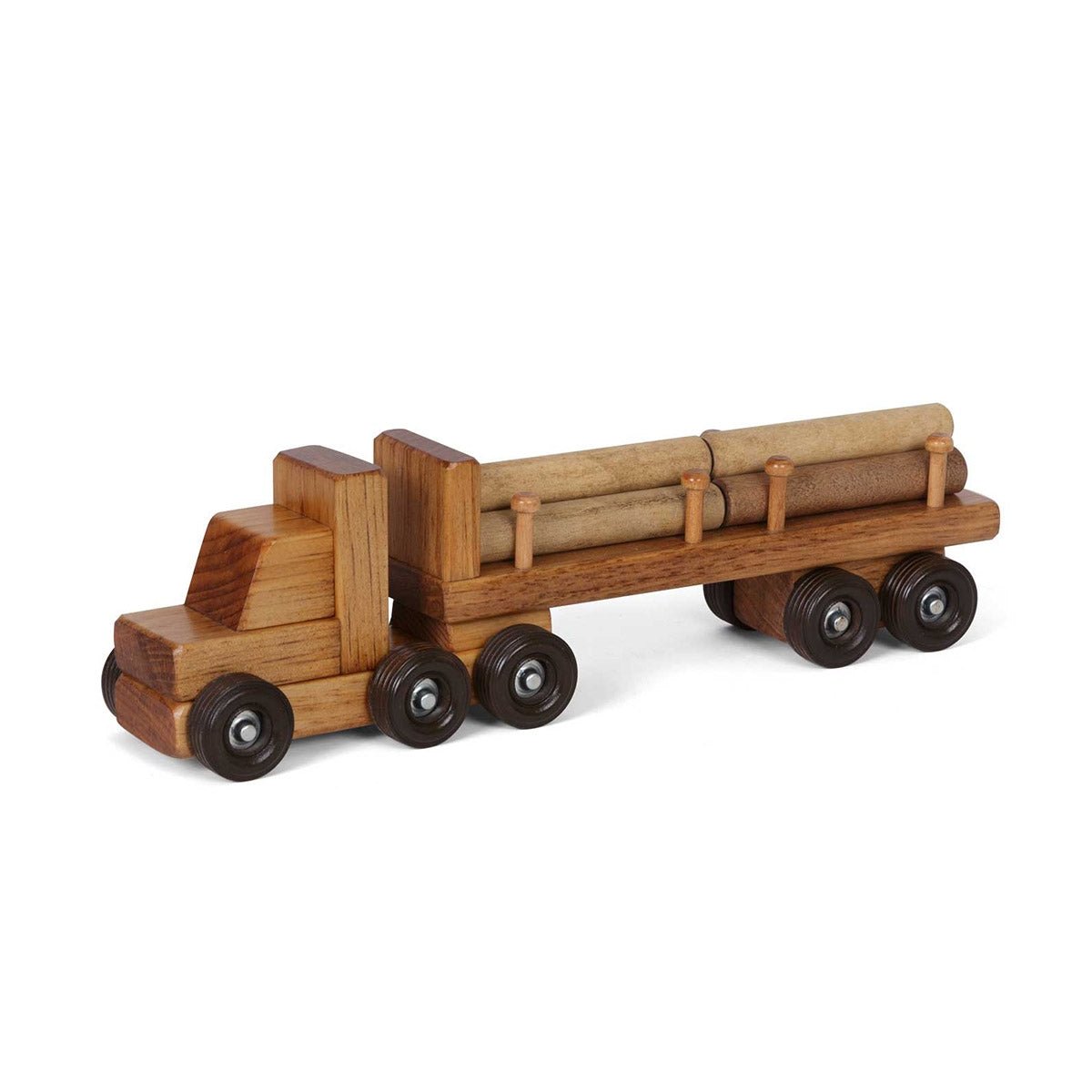 Small wooden log truck toy with a stained cab, trailer holding three peeled logs and dark ribbed wheels