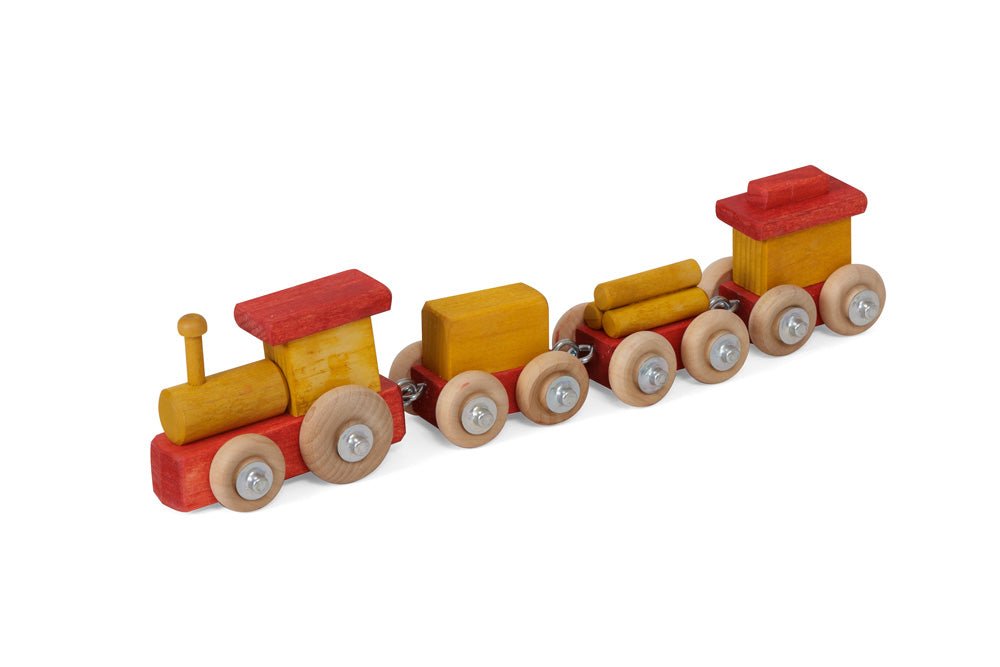 Wooden toy train painted red and yellow, with an engine, two cargo cars carrying logs and a caboose on wooden wheels