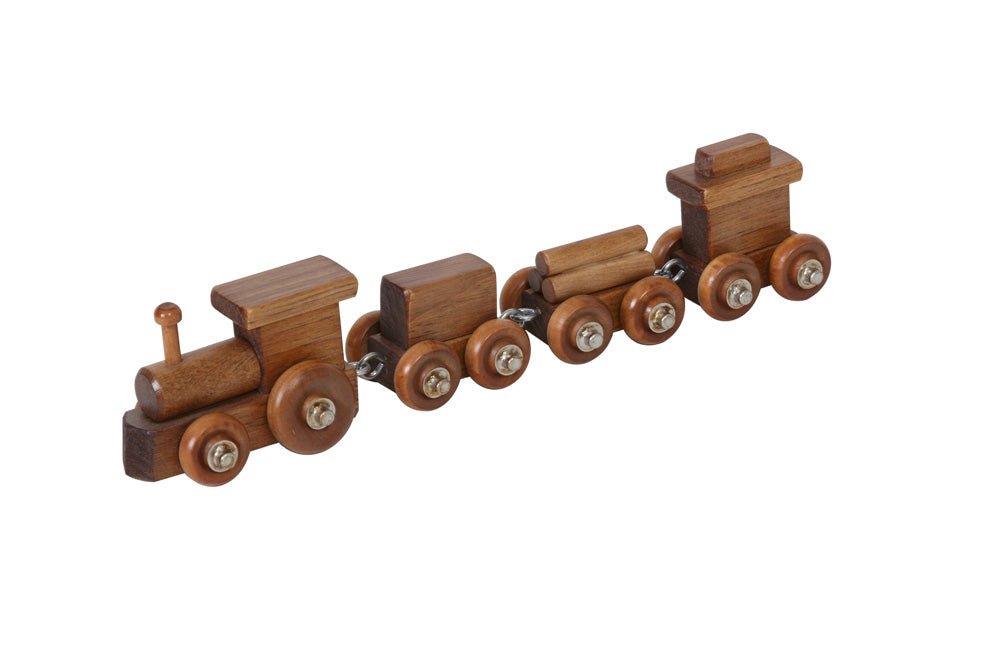 Wooden toy train painted red and yellow, with an engine, two cargo cars carrying logs and a caboose on wooden wheels