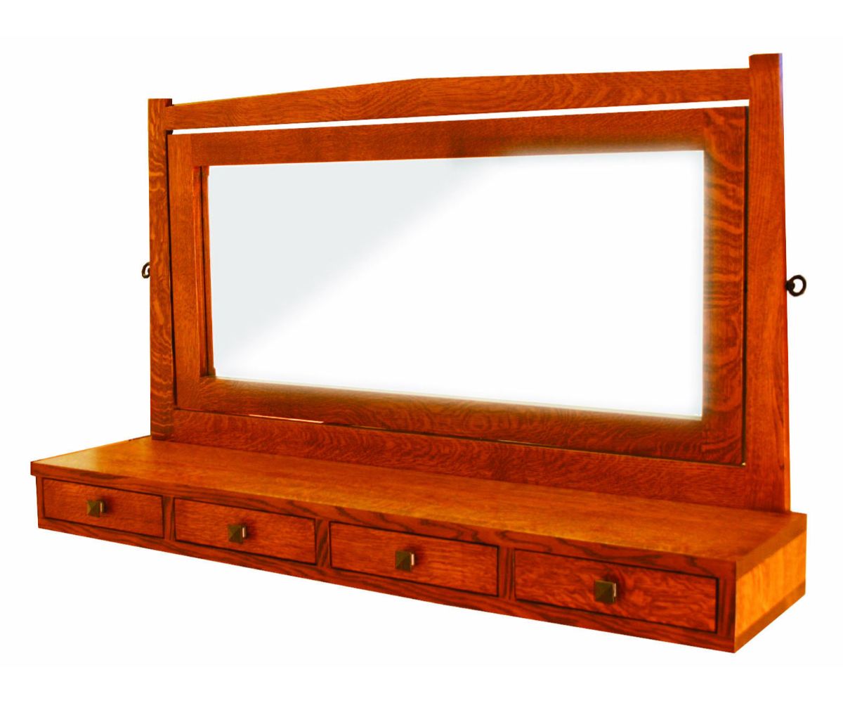 Mission oak dresser mirror with a wide swing frame set on a four drawer jewelry base with square knobs