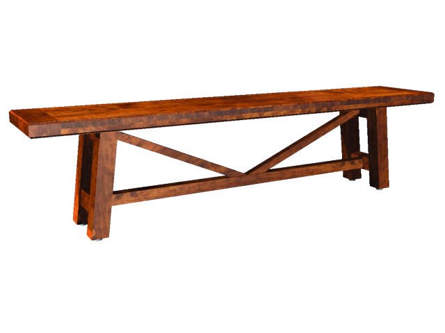 Long dining bench in warm brown wood with a thick plank seat, angled legs and X shaped stretcher base