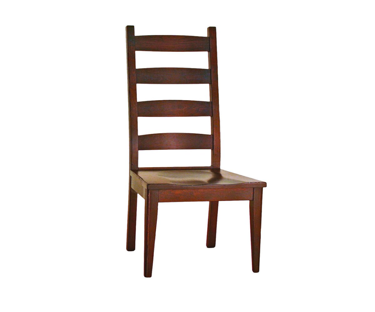 Ladder back side chair in rich brown with four horizontal back slats, scooped saddle seat and tapered legs