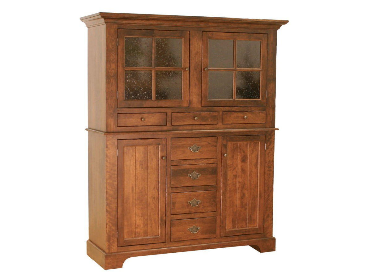 China cabinet hutch in cherry with two seeded glass doors, three upper drawers, four center drawers and paneled doors