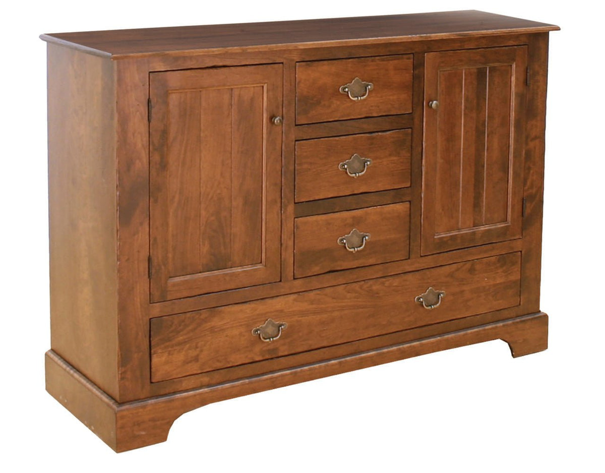 Buffet base with two paneled doors, three center drawers and a full width leaf storage drawer in cherry