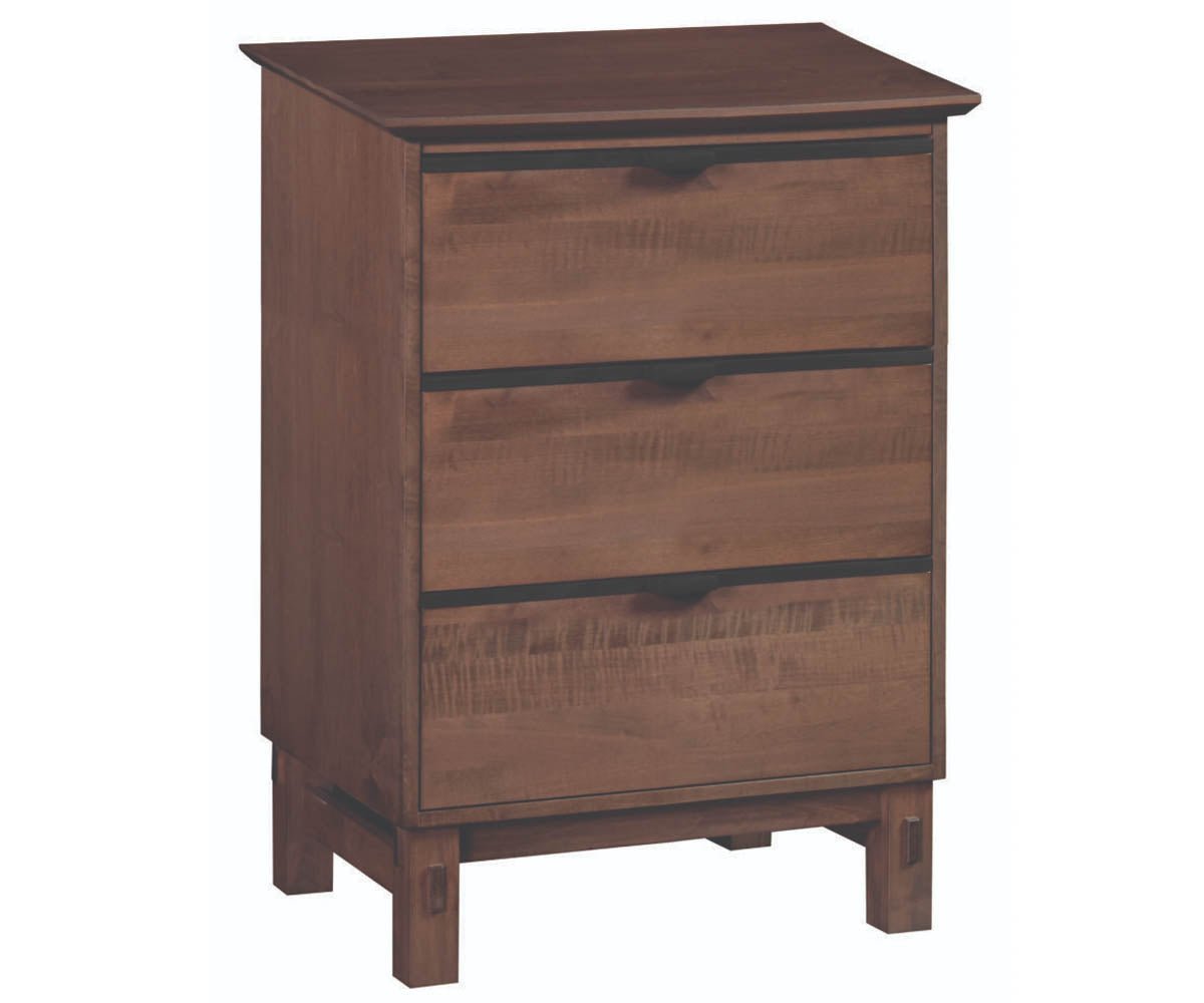 Tall three drawer nightstand in warm brown maple with black recessed bar pulls and square peg through legs