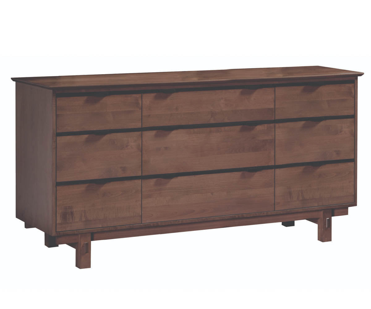 Nine drawer dresser in brown maple with three rows of wide drawers, black bar pulls and plank leg base