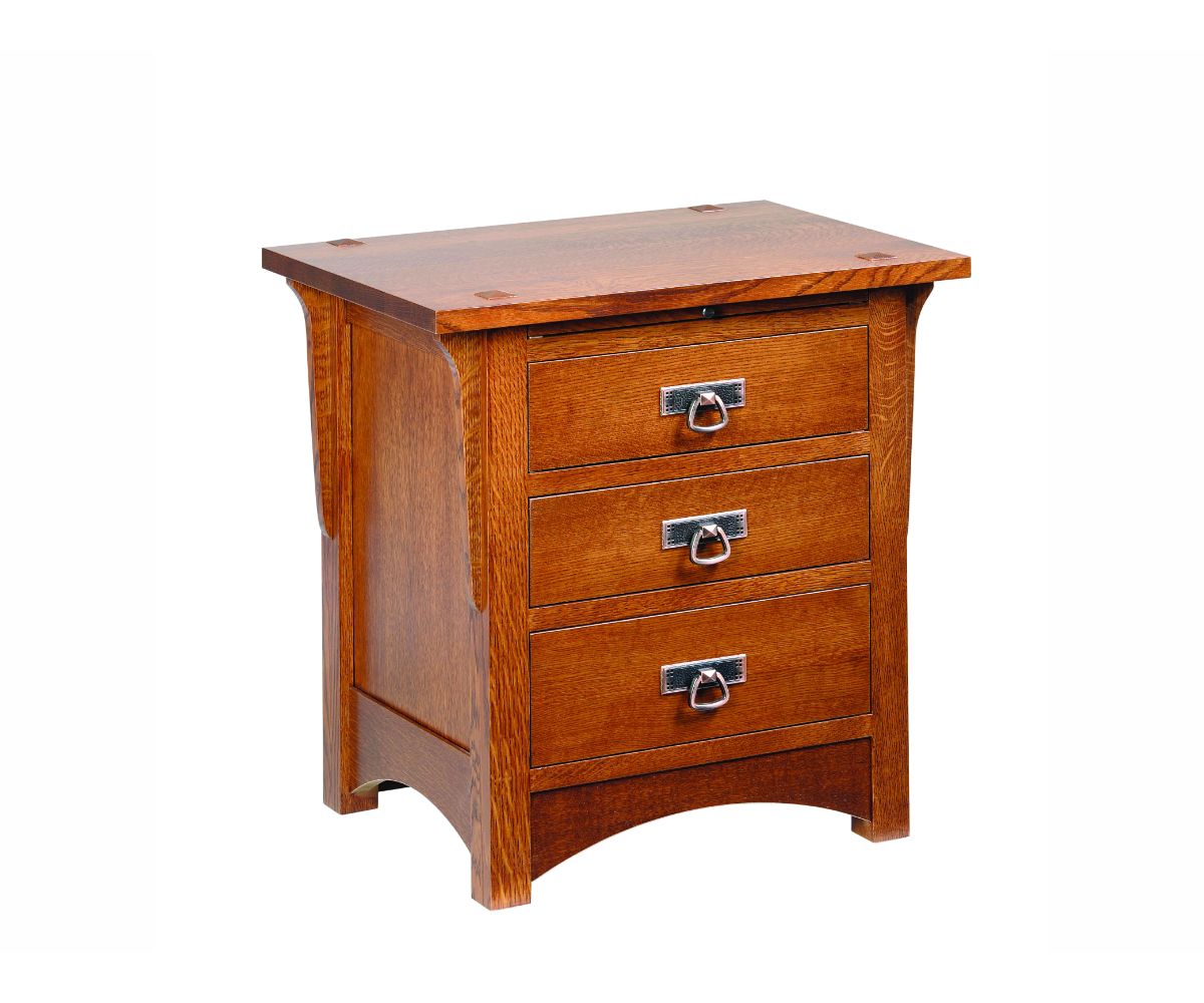 Quartersawn oak three-drawer nightstand with pullout tray, hammered ring pulls, pegged top corners and arched base