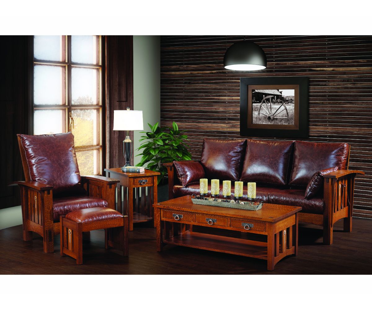 Mission living room grouping with leather sofa, morris chair, ottoman, coffee table and end table in oak