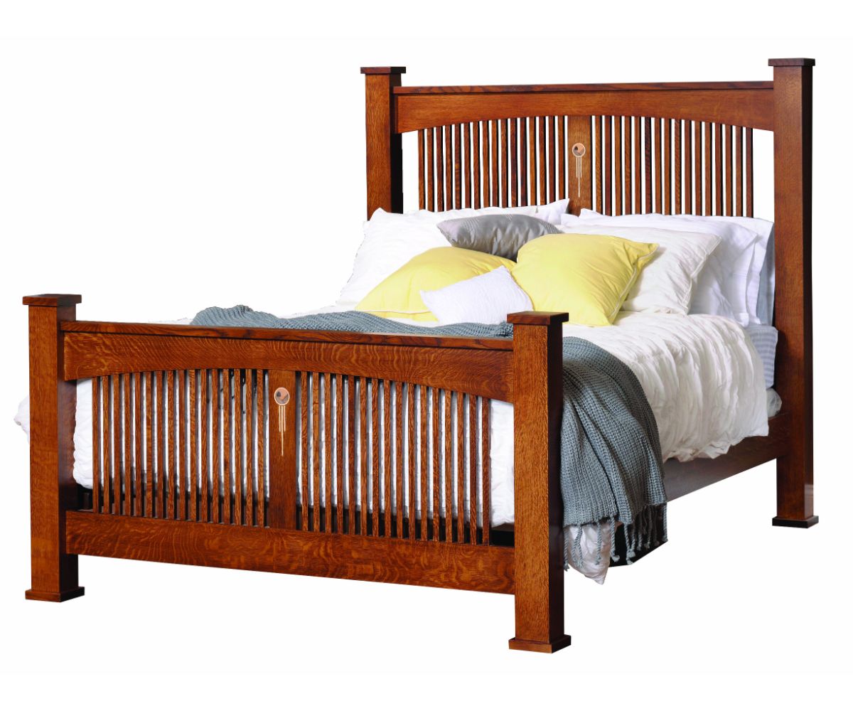 Oak spindle bed with straight slatted headboard and footboard, square posts and inlay, styled in a gray bedroom