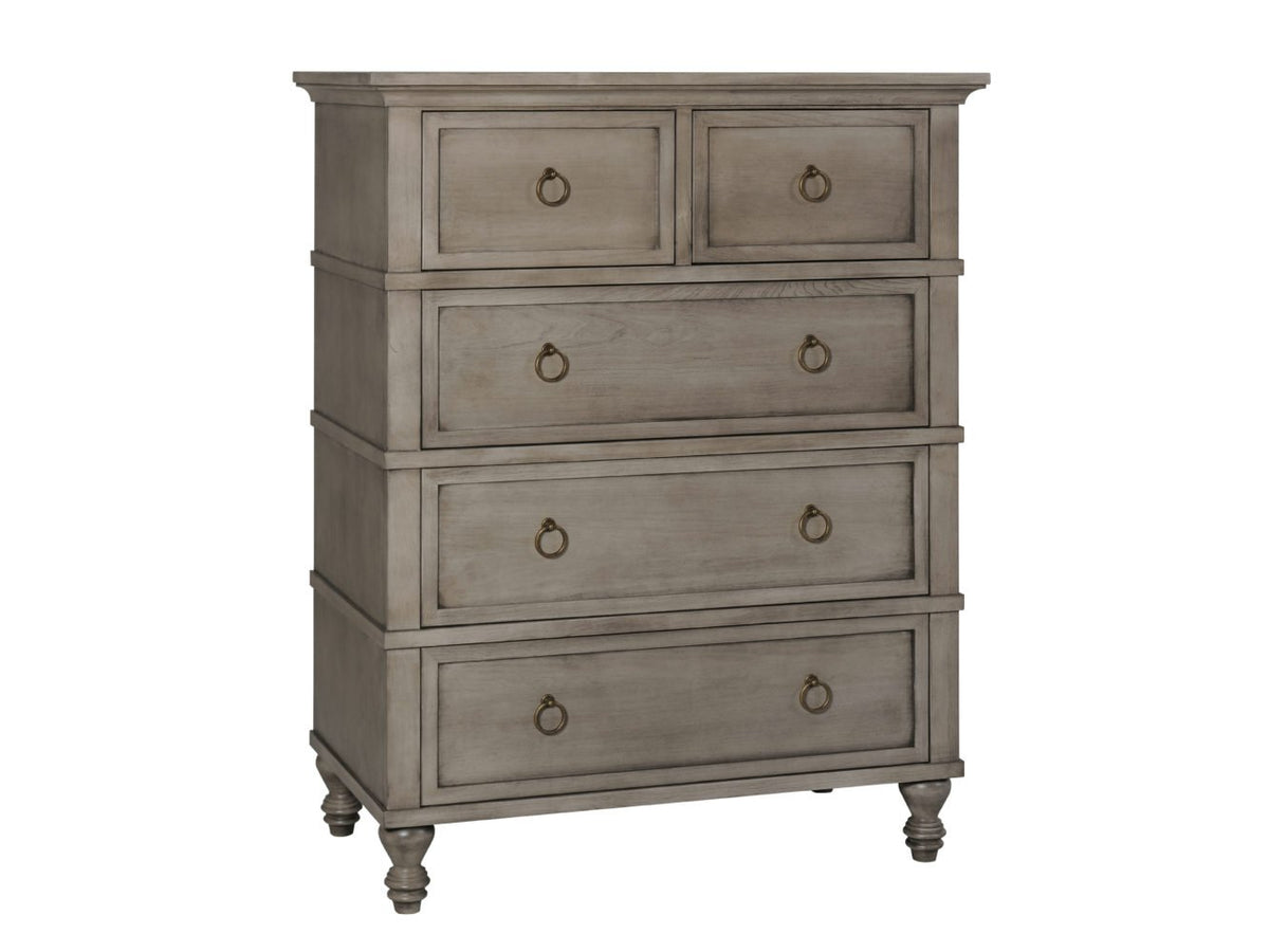Gray washed five-drawer chest of drawers with two top drawers, ring pulls and turned feet on white