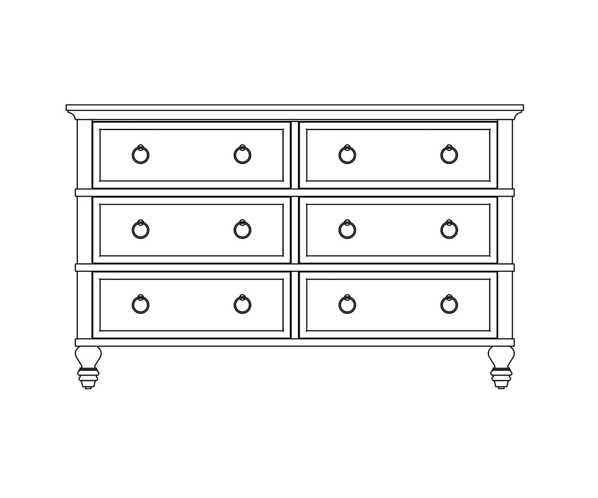 Line drawing of the six-drawer dresser showing three rows of two drawers, ring pulls and turned feet