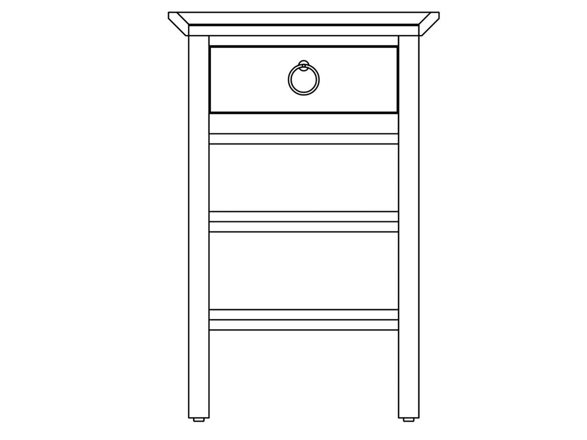 Line drawing of the open nightstand with a single ring-pull drawer, two open shelves and straight square legs