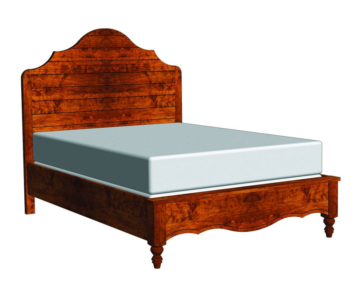 Cherry finish panel bed with an arched horizontal plank headboard, scalloped footboard and turned feet