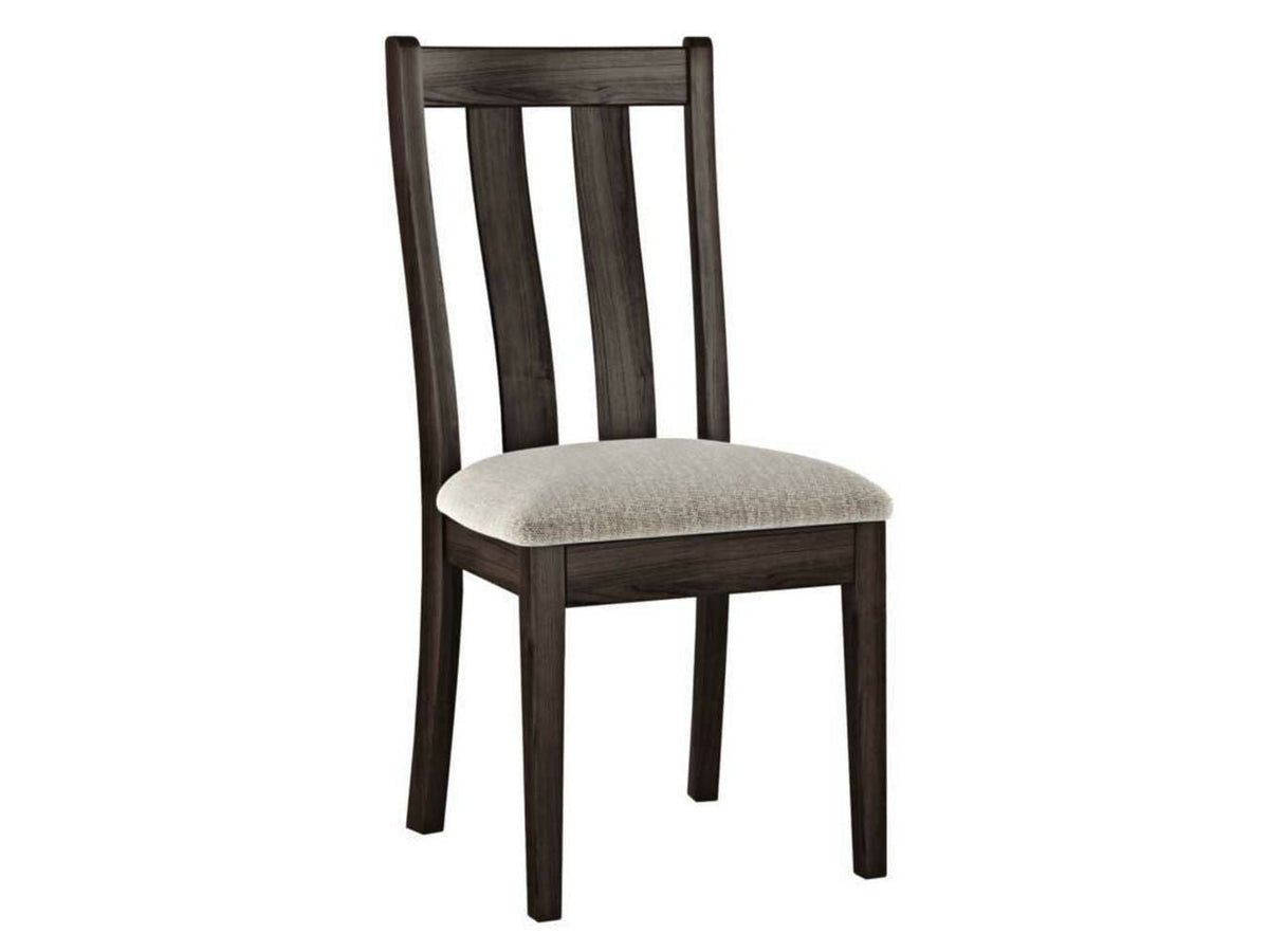 Dark charcoal dining chair with three curved slat back, tapered legs and a light gray upholstered seat
