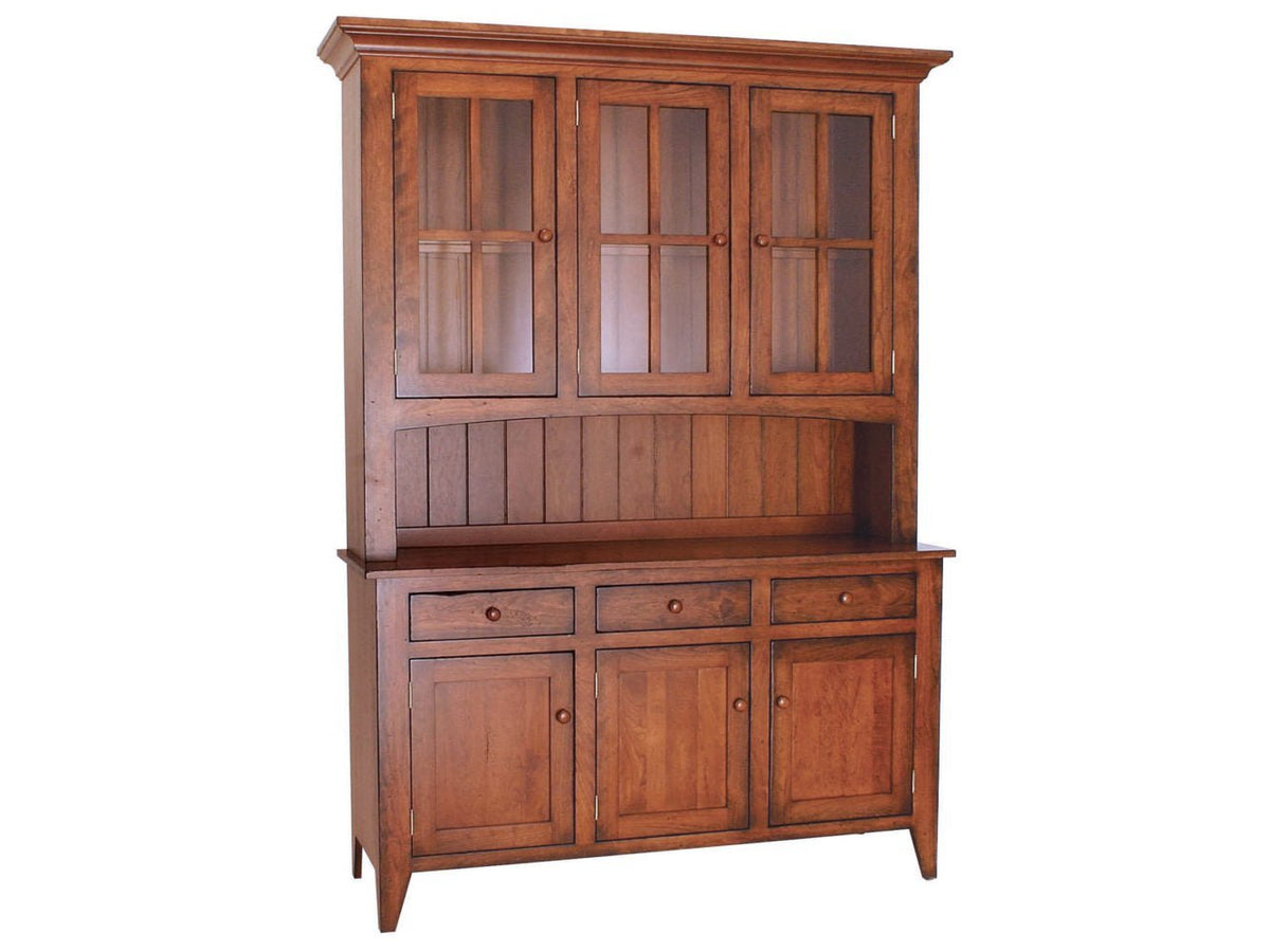 Cherry china cabinet with three glass doors, beadboard back, open serving shelf and three drawers over doors