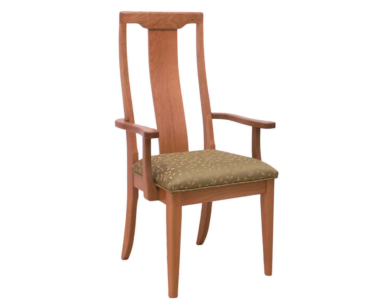 Cherry dining arm chair with a tall curved splat back, shaped crest, flared legs and green leaf print seat