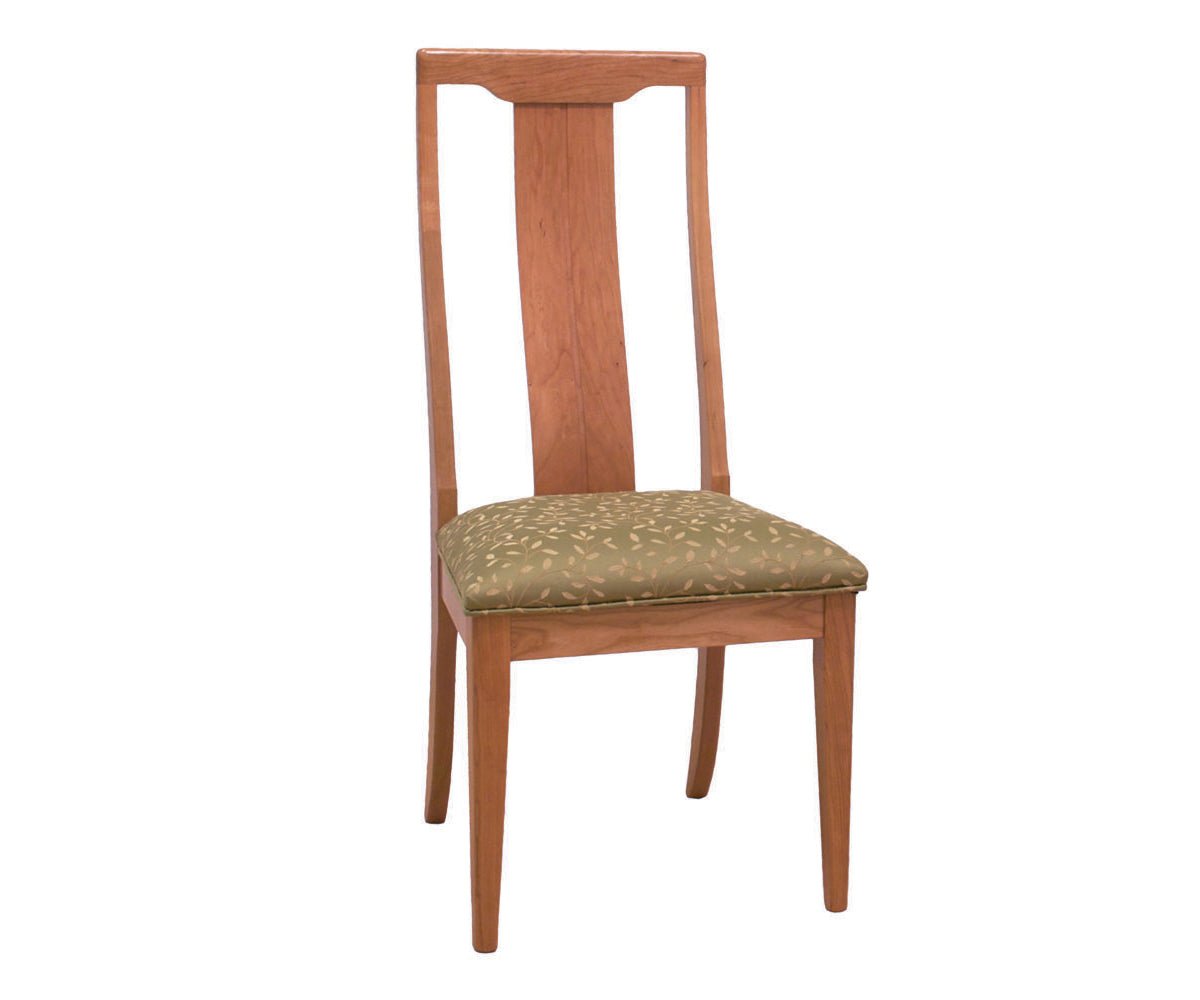 Cherry side dining chair with tall curved back splats, sabre legs and an olive leaf patterned upholstered seat