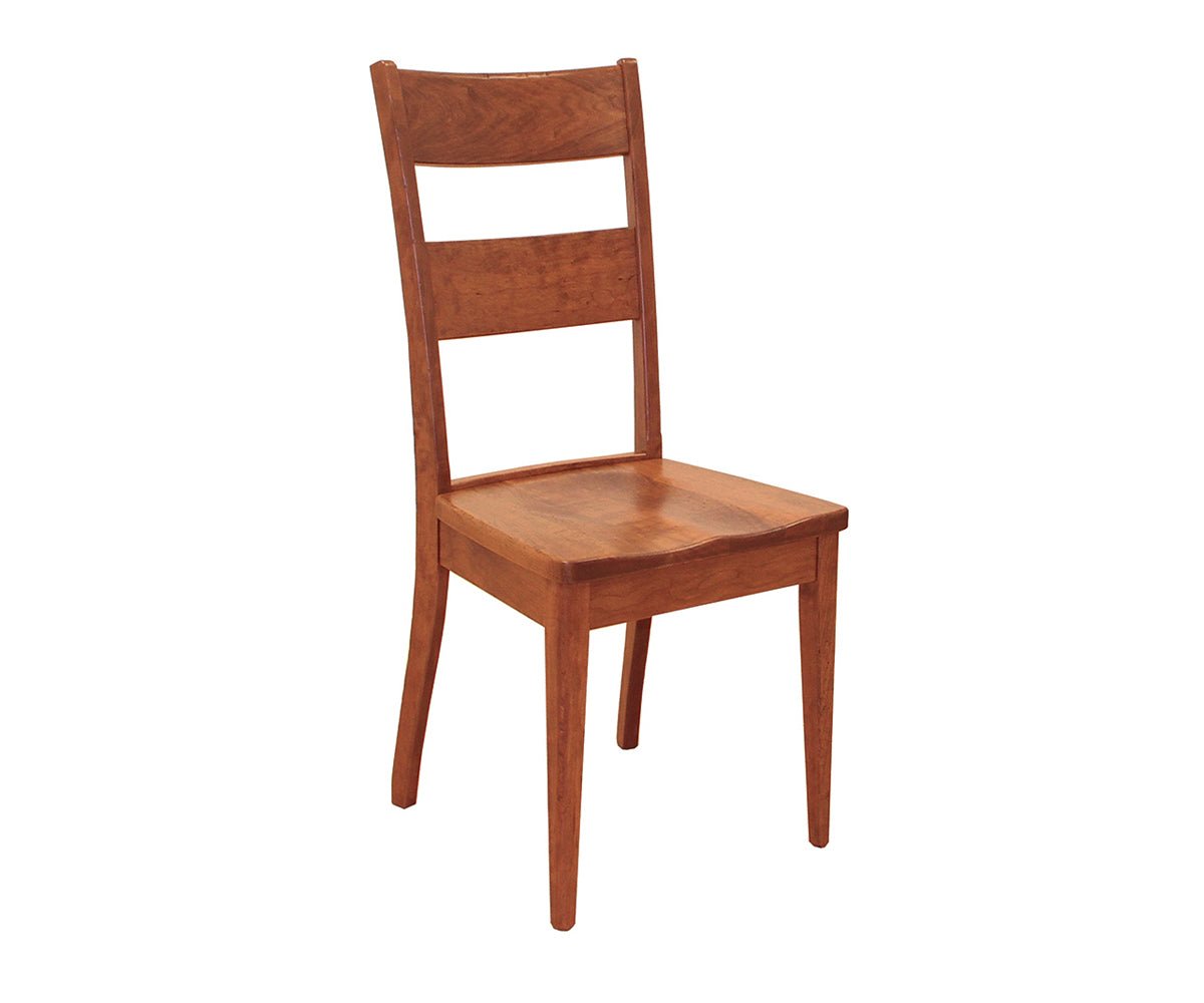Cherry side dining chair with a two-slat back, contoured saddle seat and gently flared tapered legs