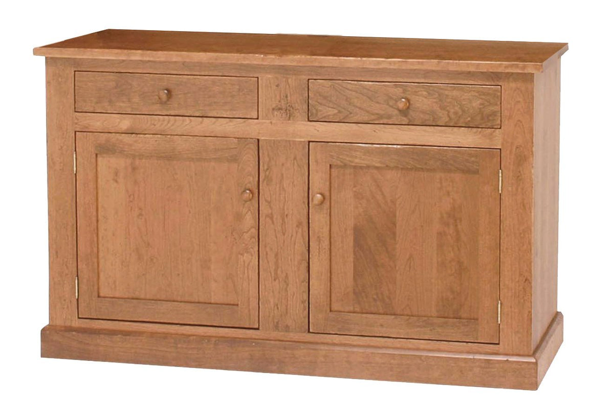 Cherry sideboard buffet base with two drawers over two recessed panel doors and round wood knobs