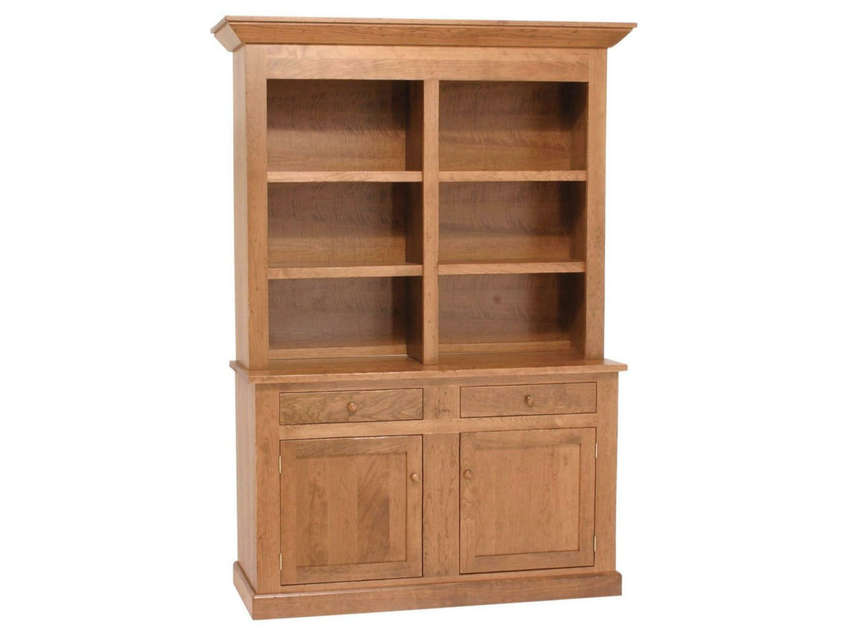 Cherry open hutch with two-bay adjustable shelving over a base of two drawers and two paneled doors