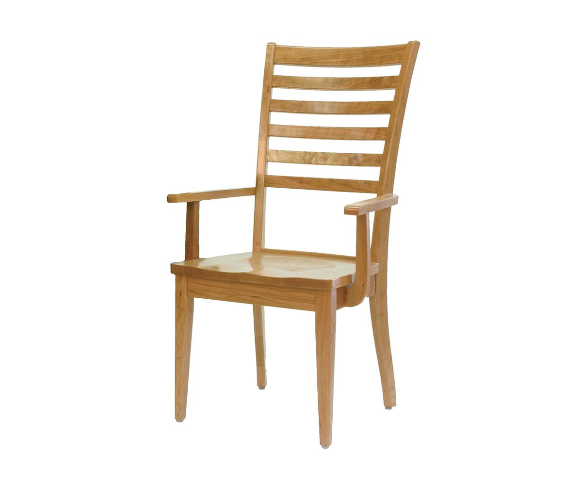 Light maple dining arm chair with a horizontal ladder back, curved arms and a contoured wood seat