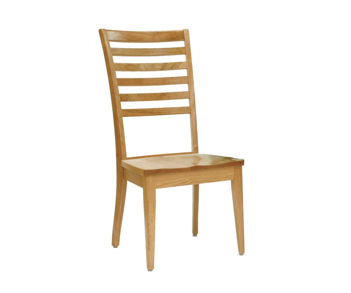 Natural finish side chair with a tall horizontal ladder back, contoured wood seat and splayed tapered legs