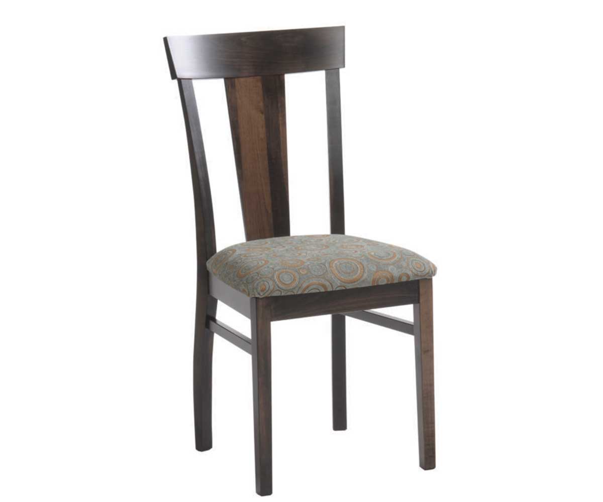 Two-tone dining side chair with dark frame, walnut splat back and a teal and tan patterned fabric seat