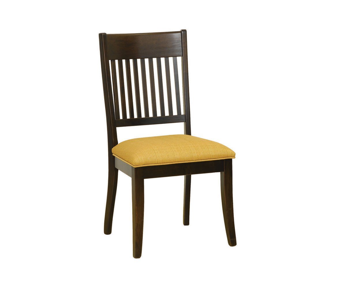 Dark stained side chair with a slat back, tapered flared legs and golden yellow fabric seat cushion