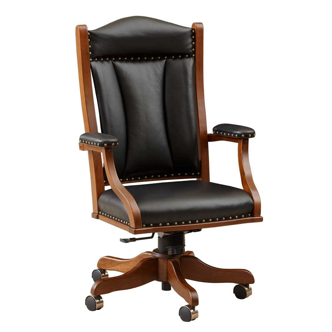 Swivel desk chair in cherry wood with tufted black leather back, studded trim and casters on a white background