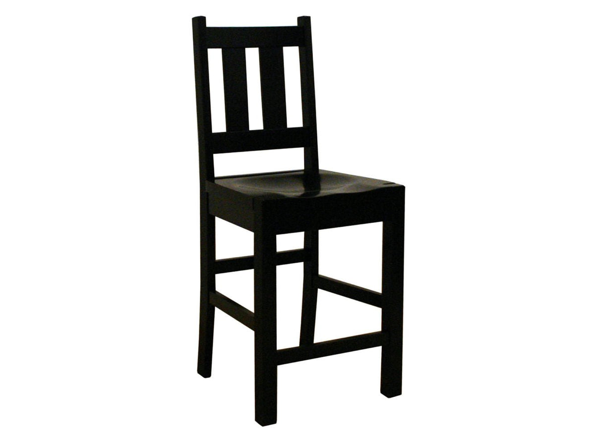 Black counter stool with two-slat back, scooped wood seat, square legs and footrail stretchers