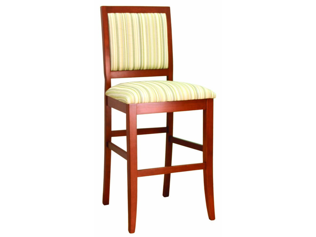 Cherry counter stool with an upholstered back panel and green striped fabric seat over a footrail base