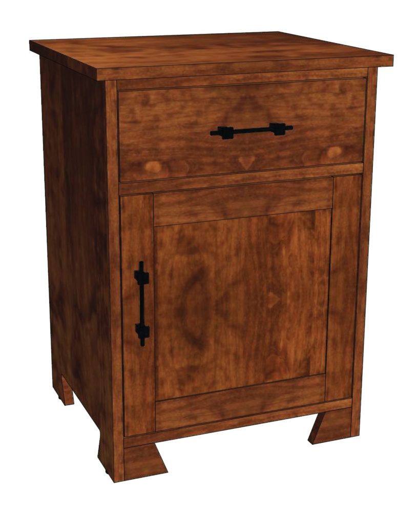 Cherry nightstand with one drawer over a paneled door, black bar pulls and angled sled-style feet