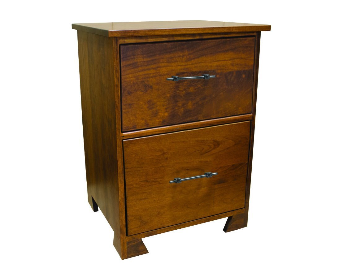 Two-drawer cherry nightstand with dark iron bar pulls, wide top overhang and flared block feet