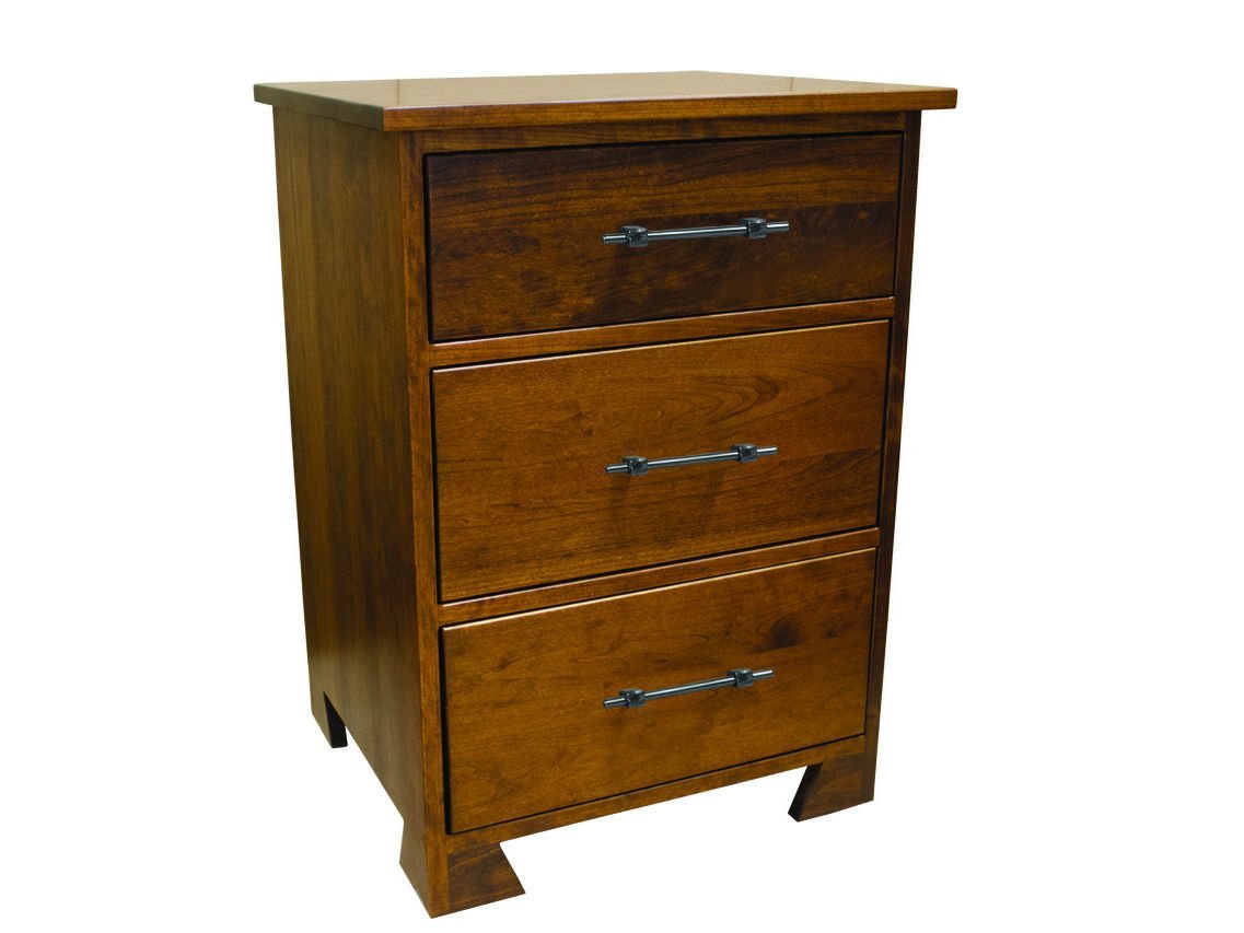 Three-drawer cherry nightstand with dark iron bar pulls, square case and angled flared feet on white