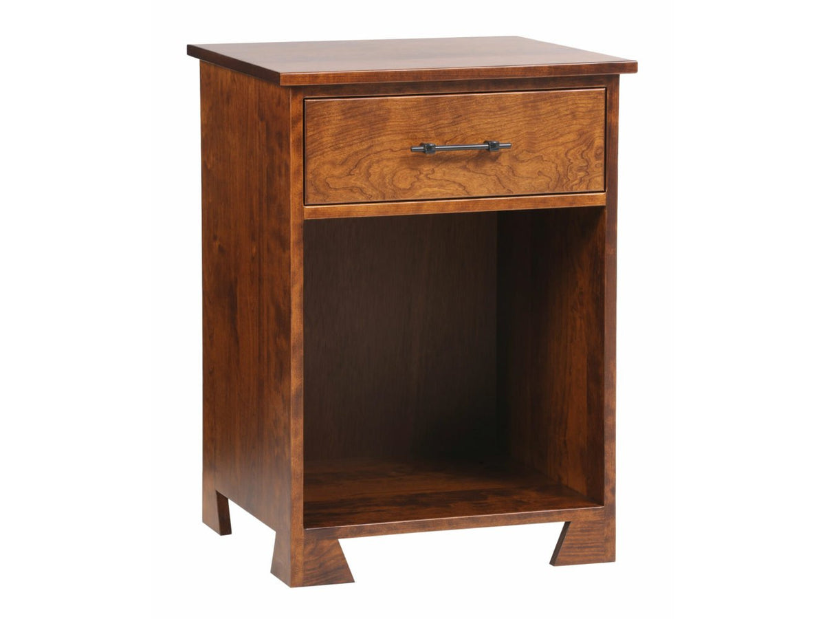 Open cherry nightstand with a single bar-pull drawer above a large open shelf and flared feet